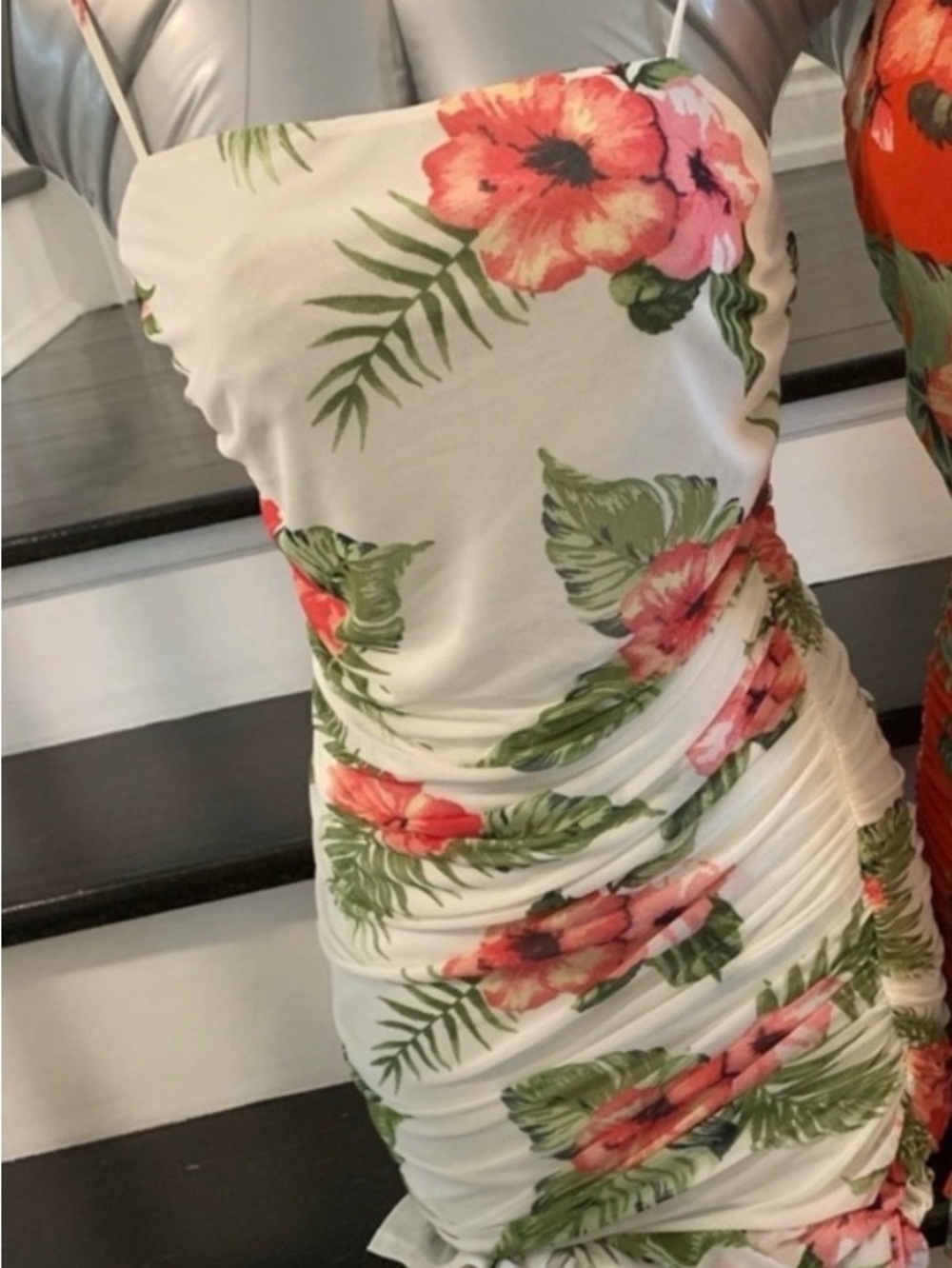 Floral Ruched Mini Dress - White/Pink
